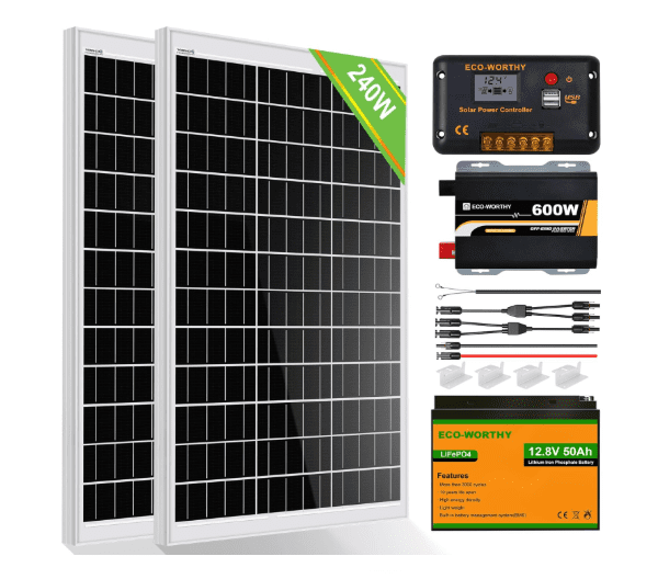 ECO-WORTHY 240W 12V Off-Grid Solar Kit – 2×120W Panels, 50Ah LiFePO4 Battery, 30A Charge Controller & 600W Inverter (Ideal for Motorhomes & Boats, 1kWh/Day)