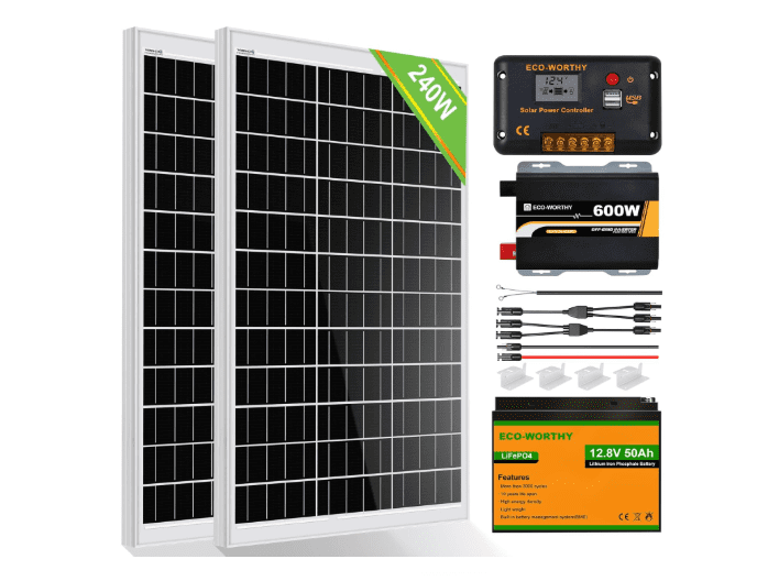 ECO-WORTHY 240W 12V Off-Grid Solar Kit – 2×120W Panels, 50Ah LiFePO4 Battery, 30A Charge Controller & 600W Inverter (Ideal for Motorhomes & Boats, 1kWh/Day) 1 ECO-WORTHY 240W 12V Off-Grid Solar Kit – 2×120W Panels, 50Ah LiFePO4 Battery, 30A Charge Controller & 600W Inverter (Ideal for Motorhomes & Boats, 1kWh/Day)