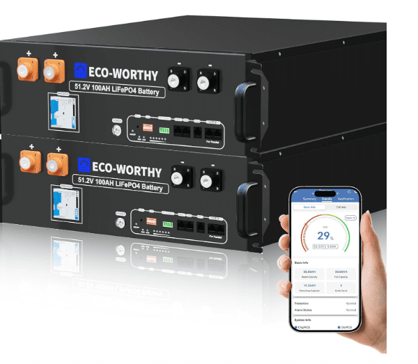 ECO-WORTHY 2-Pack 48V 100Ah LiFePO4 Server Rack Battery V3 – 10.24kWh with Bluetooth & WiFi for Home & Shed