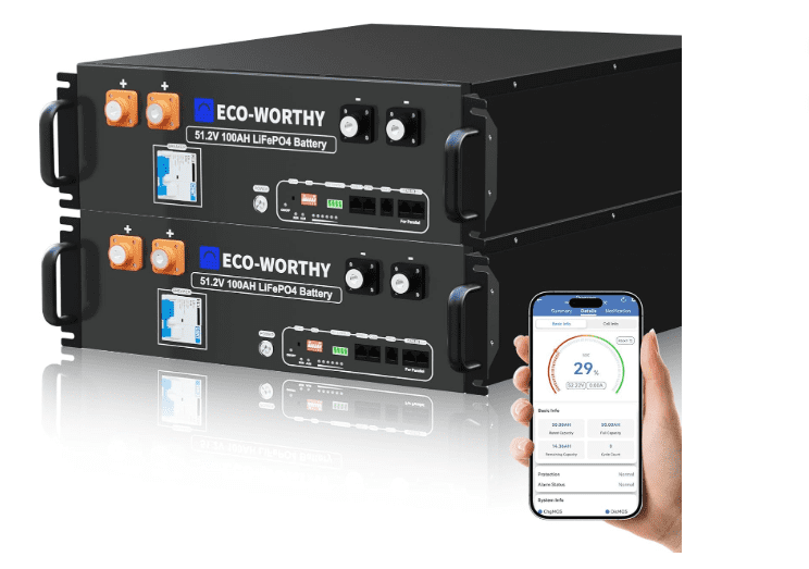 ECO-WORTHY 2-Pack 48V 100Ah LiFePO4 Server Rack Battery V3 – 10.24kWh with Bluetooth & WiFi for Home & Shed 1 ECO-WORTHY 2-Pack 48V 100Ah LiFePO4 Server Rack Battery V3 – 10.24kWh with Bluetooth & WiFi for Home & Shed