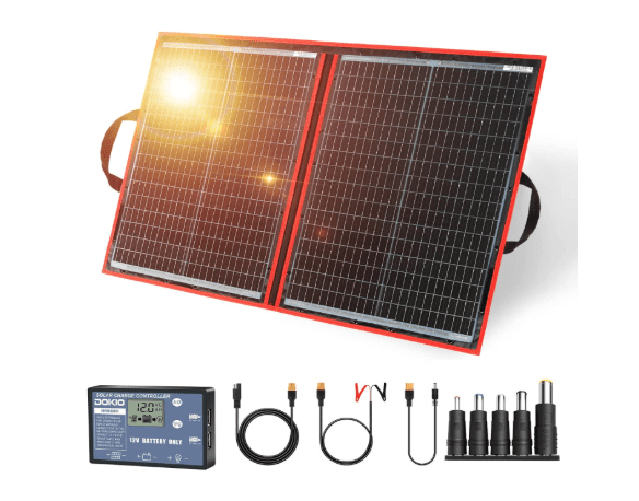 DOKIO 110W 18V Foldable Monocrystalline Solar Panel Kit with Controller & 2 USB for 12V Batteries – RV, Camper, Boat