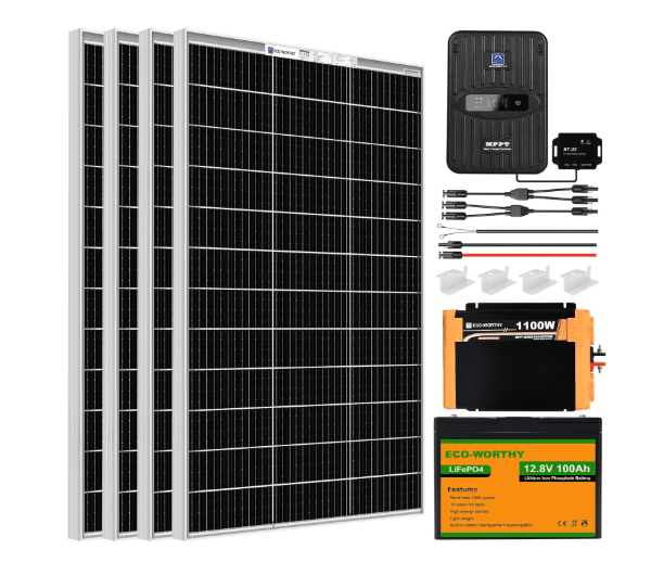 ECO-WORTHY 480W 12V Solar Panel Kit – 4×120W Bifacial Panels, 100Ah LiFePO4 Battery, 40A MPPT Controller & 1100W Inverter (Ideal for RVs & Boats, 2kWh/Day System)
