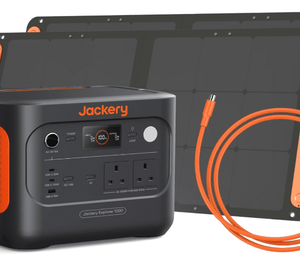 Jackery Explorer 1000 v2 Portable Power Station – 1070Wh LiFePO4, 1500W AC / 100W USB-C, with 2×100W Solar Panels & Car Charging Cable