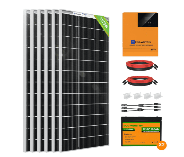 ECO-WORTHY 1200W 24V Solar Power System – 6×195W Panels, 2×100Ah LiFePO4 Batteries & 3000W 24V Hybrid Inverter (4.8kWh/Day, Ideal for Home & Shed)