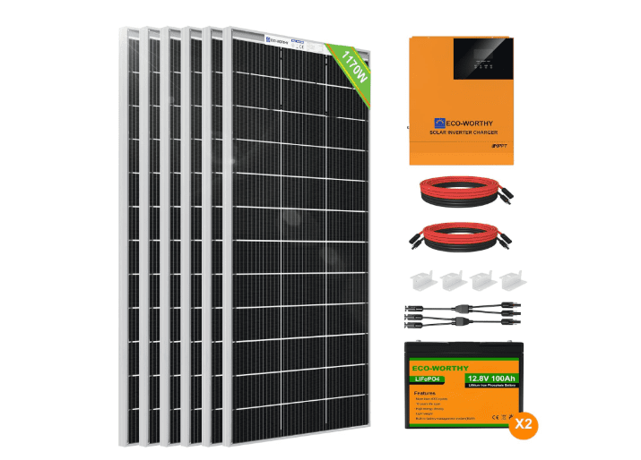 ECO-WORTHY 1200W 24V Solar Power System – 6×195W Panels, 2×100Ah LiFePO4 Batteries & 3000W 24V Hybrid Inverter (4.8kWh/Day, Ideal for Home & Shed) 1 ECO-WORTHY 1200W 24V Solar Power System – 6×195W Panels, 2×100Ah LiFePO4 Batteries & 3000W 24V Hybrid Inverter (4.8kWh/Day, Ideal for Home & Shed)