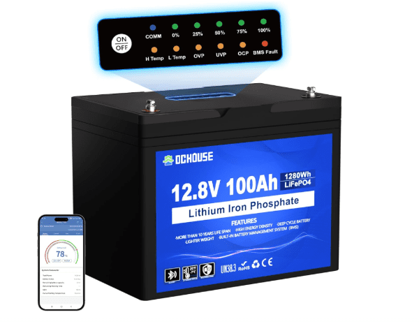 DCHOUSE 12V 100Ah LiFePO4 Lithium Battery with Bluetooth & SOC Display – 100A Smart BMS, Low Temp Cut-Off, 15000+ Cycles for Trolling Motor, RV, Solar & Marine Use