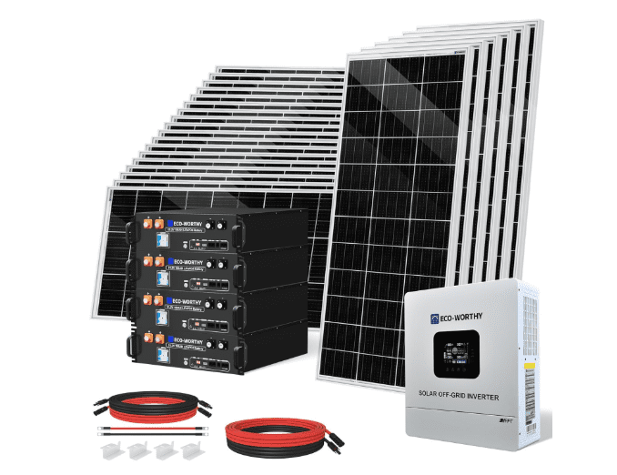 ECO-WORTHY 48V 4700W Solar Power System with 5kW Inverter & 4×100Ah Batteries – 24×195W Bifacial Panels 1 ECO-WORTHY 48V 4700W Solar Power System with 5kW Inverter & 4×100Ah Batteries – 24×195W Bifacial Panels