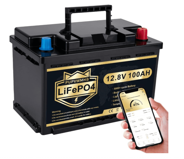 12V 100Ah Mini LiFePO4 Bluetooth Lithium Battery, 100A BMS, 1280Wh – 15,000 Cycles, RV & Solar Ready