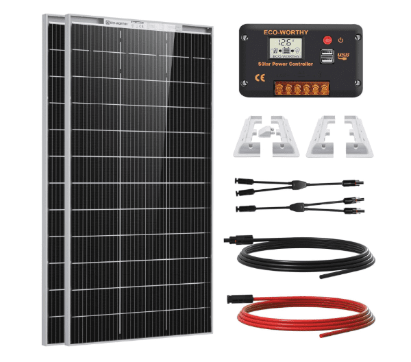 ECO-WORTHY 390W Solar Panel Kit – 2 x 195W Bifacial Panels with 30A 12V/24V Charge Controller, Mounting Brackets & Extension Cables – 1.56kWh/Day for Motorhome & Caravan