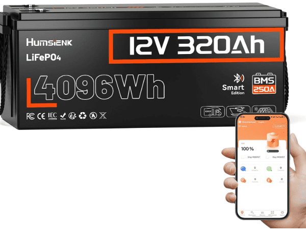 HumsiENK 12V 320Ah LiFePO4 Lithium Leisure Battery with Bluetooth & 250A BMS – 4096Wh