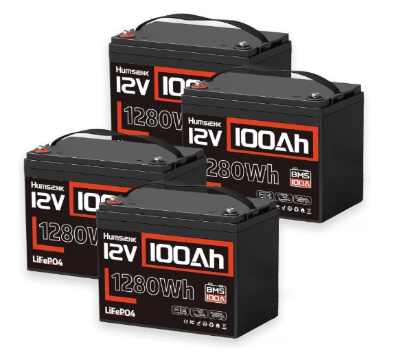 4-Pack HumsiENK 12V 100Ah LiFePO4 Lithium Leisure Batteries with BMS – 1280Wh Each