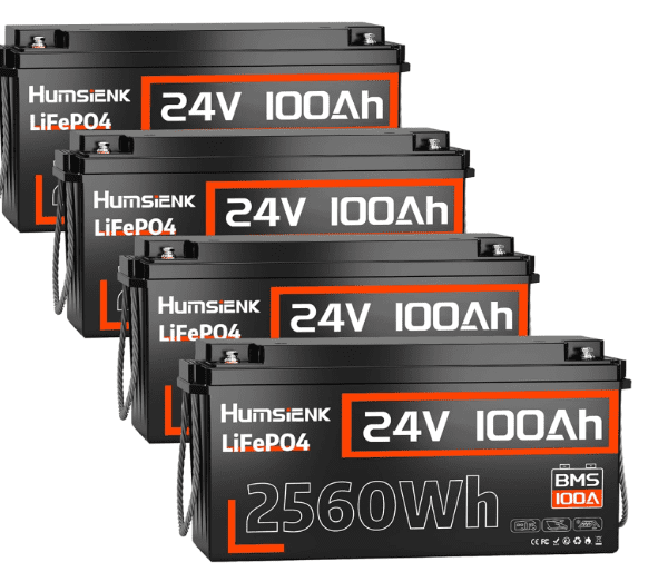 4-Pack HumsiENK 24V 100Ah LiFePO4 Leisure Batteries – 2560Wh, 100A BMS