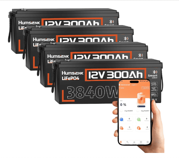 4-Pack HumsiENK 12V 300Ah LiFePO4 Leisure Batteries with Bluetooth & 100A BMS – 3840Wh