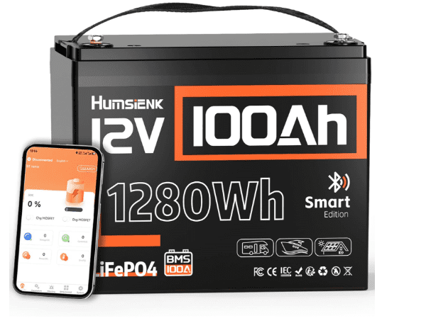 HumsiENK 12V 100Ah LiFePO4 Lithium Leisure Battery with Bluetooth & BMS – 1280Wh, Low Temp Protection