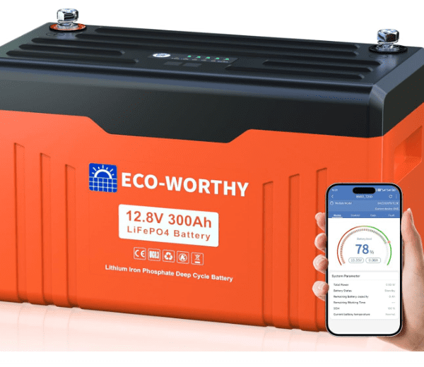 ECO-WORTHY 12V 300Ah LiFePO4 Battery 3840Wh with Bluetooth & Smart LED Display, 200A BMS with Low-Temp Protection for RV, Solar & Home Backup