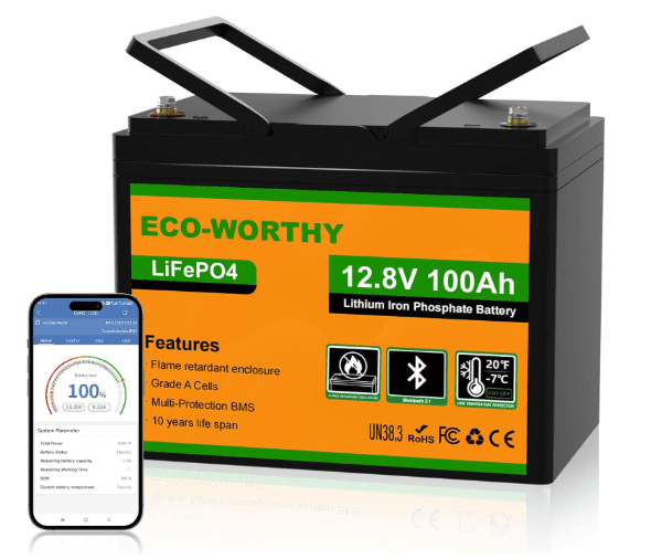 ECO-WORTHY 12V 100Ah LiFePO4 Leisure Battery 1280Wh with Bluetooth & Low-Temp Protection for RV, Caravan, Marine & Solar