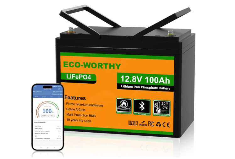ECO-WORTHY 12V 100Ah LiFePO4 Leisure Battery 1280Wh with Bluetooth & Low-Temp Protection for RV, Caravan, Marine & Solar 1 ECO-WORTHY 12V 100Ah LiFePO4 Leisure Battery 1280Wh with Bluetooth & Low-Temp Protection for RV, Caravan, Marine & Solar