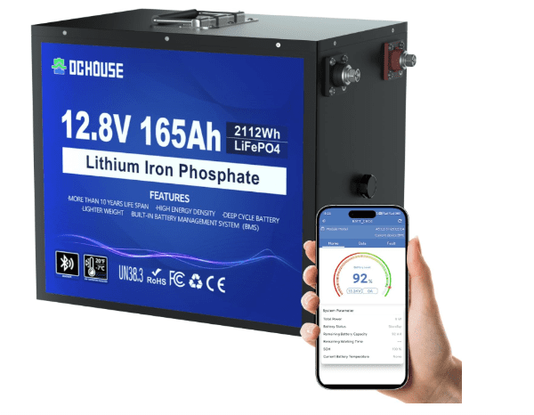 DCHOUSE 12V 165Ah LiFePO4 Lithium Battery with Bluetooth & 120A BMS – 15000 Cycles for RV, Marine, Solar & Trolling Motors