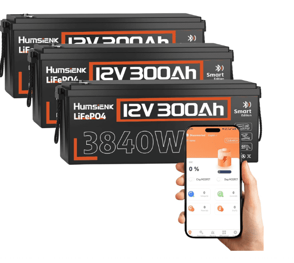 3-Pack HumsiENK 12V 300Ah LiFePO4 Leisure Batteries with Bluetooth & 100A BMS – 3840Wh