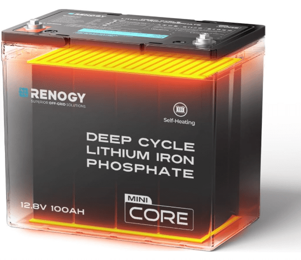 Renogy 12V 100Ah LiFePO4 Battery – Mini Size, DuoHeat Self-Heating, 100A BMS, 5000+ Cycles for RV, Caravan & Off-Grid
